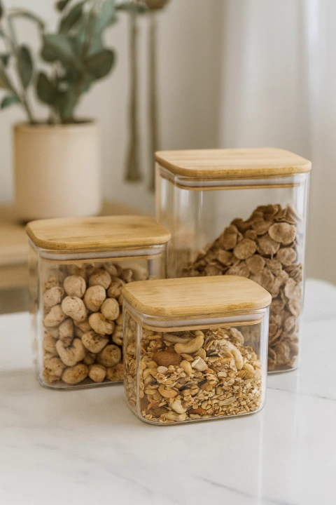 Frasco Vidrio RECTANGULAR + Tapa Bambu GRANDE - comprar online