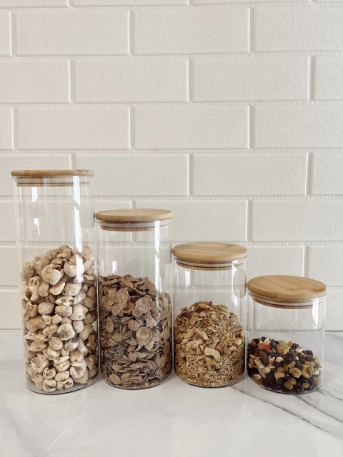 Frasco Vidrio REDONDO + Tapa Bambu MEDIANO - comprar online