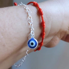 kit Adulto Pulseiras Aresanais Pulseira 7 Nós e Pulseira Elo Corações com Olho Grego Prata 925