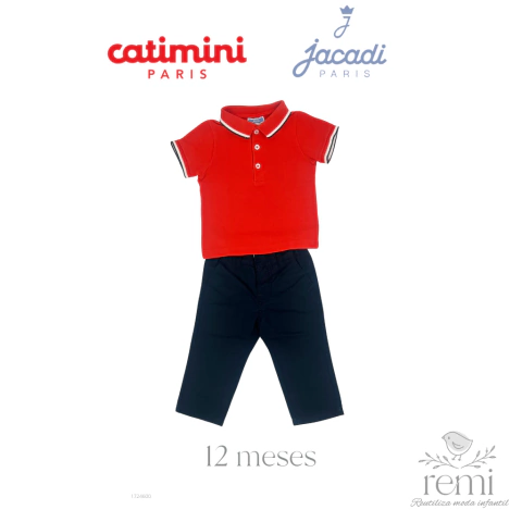 Conjunto pantalón azul acabado lino y polo roja 12 meses Catimini y Jacadi - comprar en línea