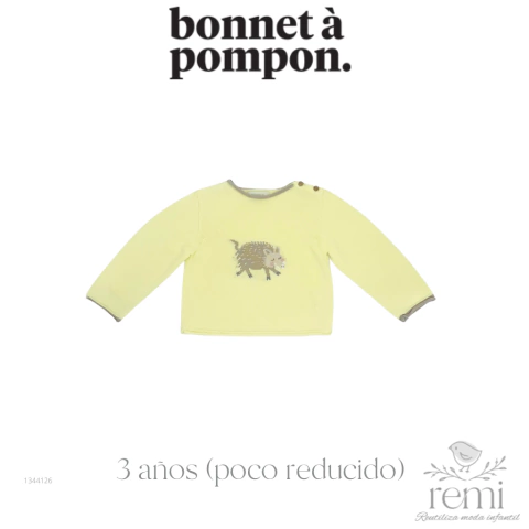 Suéter amarillo con animalito 3 años (poco reducido) Bonnet a Pompon