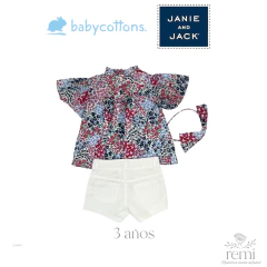 Conjunto blusa y diadema flores rosas y azules con short blanco 3 años Baby Cottons y Janie&Jack en internet