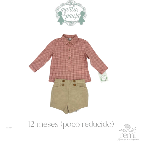 Conjunto short beige y camisa cuadros naranjas 12 meses (poco reducido) Marta y Paula - comprar en línea