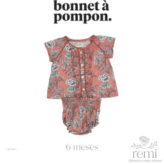 Conjunto 2 piezas blusa y pololo rosa con flores grises 6 meses Bonnet a Pompon