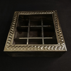 Caja de té de madera y alpaca 9 compartimentos. - Distinguida Tradición | Marroquinería y Platería Criolla | Regalos exclusivos | San Rafael Mendoza