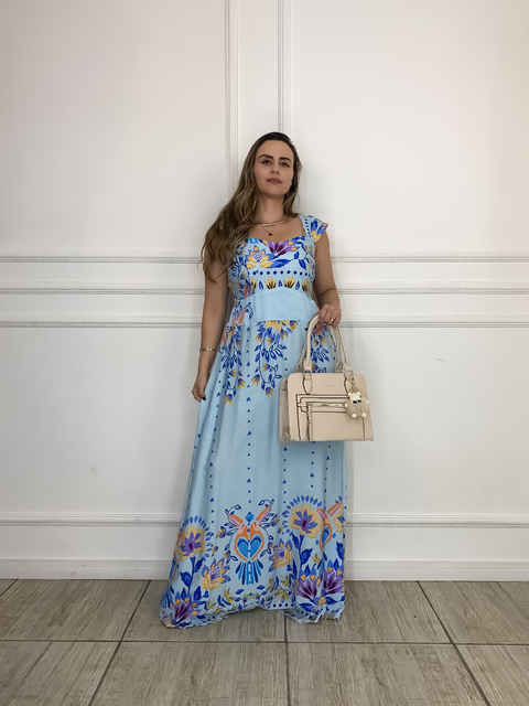 Vestido Longo Alças Babado Ísis - Azul Estampado - comprar online