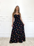 Vestido Feminino, comprimento longo, tecido viscolinho e estampa de borboletas.