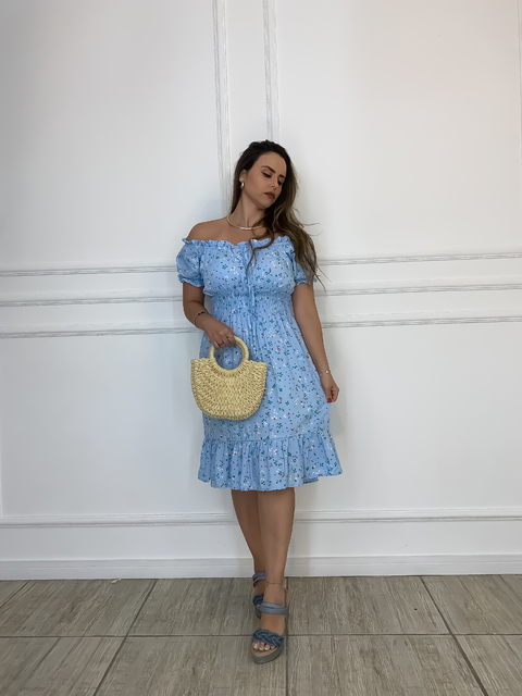 Vestido Curto Decote Canoa Butterfly Pintinhas - Azul - comprar online