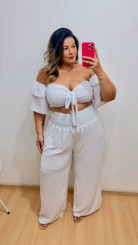Calça pantalona cos elastec + croped manguinha - comprar online