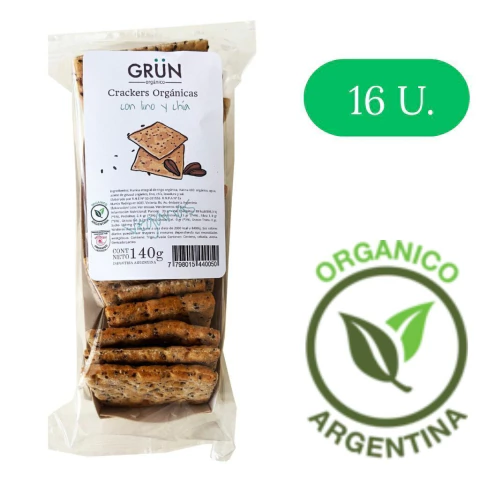 Paquete de crackers integrales orgánicos con chía y lino marca Grün, 16 unidades, con sello orgánico Argentina