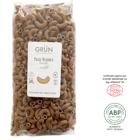 Paquete de fideos integrales orgánicos tipo coditos marca Grün, 500 gramos, con certificación orgánica y apto vegano