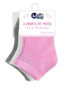 MEIA CANO CURTO 24 A 48 MESES BRANCA/ROSA/CINZA UNIK BABY - comprar online