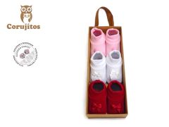 Kit 3 Pares Sapatinho Pompom e Bombe Recem Nascido Corujitos