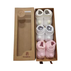 Kit 3 Pares Sapatinho Pompom e Bombe Recem Nascido Corujitos