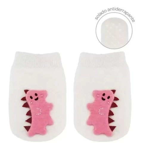 MEIA 06-12 MESES ANTIDERRAPANTE C/ APLIQUE DINO ROSA BUBA