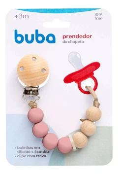 PRENDEDOR DE CHUPETA SILICONE E BAMBU ROSA BUBA