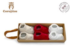 Kit 3 Pares Sapatinho Pompom e Bombe Recem Nascido Corujitos