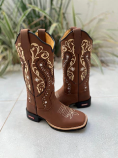 BOTA TEXANA TRIBAL BEGE E PRETO FLORÃO BEGE COURO MARROM