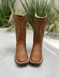 BOTA TEXANA LASER RAMOS COM GLITTER DOURADO COURO MARROM CLARO na internet