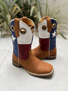BOTA TEXANA BORDADO BANDEIRA TEXAS COURO MARROM CLARO SOLADO COURO