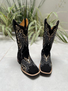 BOTA TEXANA TRIBAL BEGE COURO NOBUCK PRETO COM TRICÊ E ZÍPER na internet