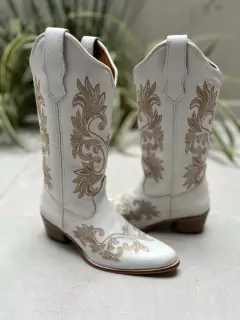 BOTA TEXANA BICO FINO BORDADO FLORAL BEGE COURO BRANCO