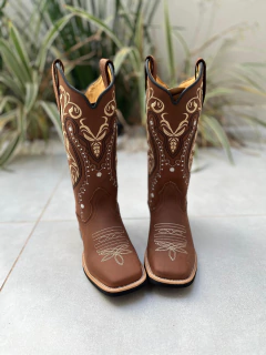 BOTA TEXANA TRIBAL BEGE E PRETO FLORÃO BEGE COURO MARROM - comprar online