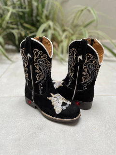 BOTA TEXANA INFANTIL TRIBAL E CAVALO BEGE COURO NOBUCK PRETO