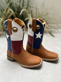 BOTA TEXANA BORDADO BANDEIRA TEXAS COURO MARROM CLARO SOLADO COURO na internet