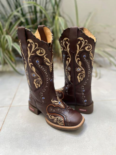 BOTA TEXANA TRIBAL BEGE E PRETO COURO MARROM COM TRICÊ