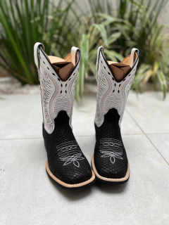 BOTA TEXANA BORDADO ASAS COURO BRANCO E ESCAMADO PRETO - comprar online