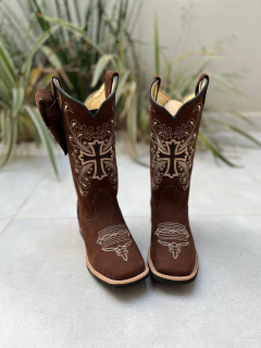 KIT TEXANA BORDADO CRUZ E NOSSA SENHORA BEGE COURO NOBUCK MARROM + BAINHA + CANIVETE - comprar online