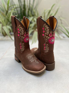 BOTA TEXANA BORDADO FLORES ROSA E BEGE COURO MARROM