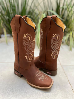 BOTA TEXANA BORDADO BEGE COURO MARROM