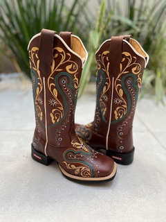 BOTA TEXANA TRIBAL BEGE E VERDE COURO MARROM