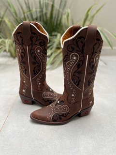 BOTA TEXANA BICO FINO TRIBAL PRETO COURO MARROM