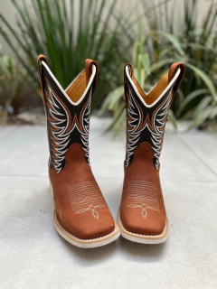 BOTA TEXANA BORDADO LARANJA E BRANCO COURO PRETO E HORSE TELHA - comprar online