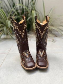 BOTA TEXANA TRIBAL BEGE E PRETO COURO MARROM COM TRICÊ - comprar online