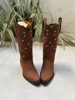 BOTA TEXANA BICO FINO BORDADO RAMOS MARROM COM STRASS COURO MARROM - comprar online