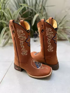 COMBO TEXANA BORDADO CRUZ E NOSSA SENHORA BEGE E AZUL COURO HORSE TELHA + CINTO BORDADO NOSSA SENHORA - comprar online