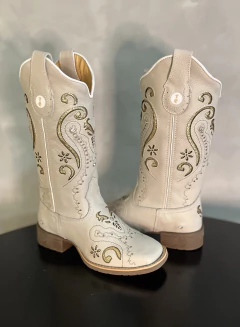 BOTA TEXANA LASER TRIBAL GLITTER DOURADO COM STRASS COURO OFF WHITE