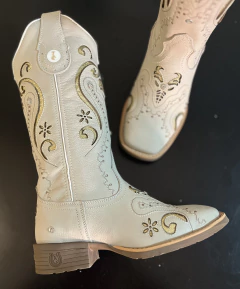 BOTA TEXANA LASER TRIBAL GLITTER DOURADO COM STRASS COURO OFF WHITE na internet