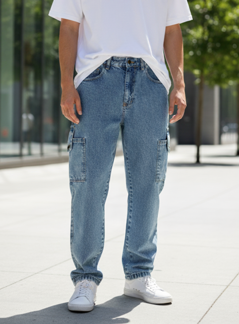 Pantalón Mom Cargo Celeste Tela Rígida – Estilo Urbano - Indigo 38 al 48 - comprar online