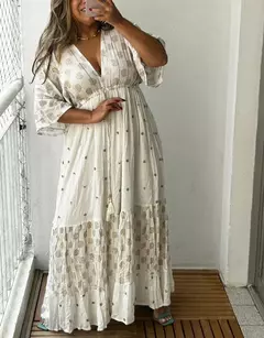 Vestido Manga Curta longo, com fios de Lurex -Vestido Amanda