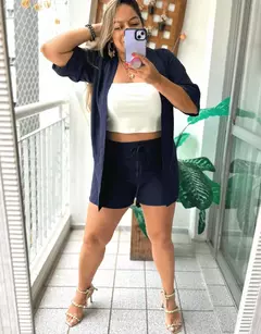 Conjunto três peças blusa cropped, Shorts e Kimono na internet