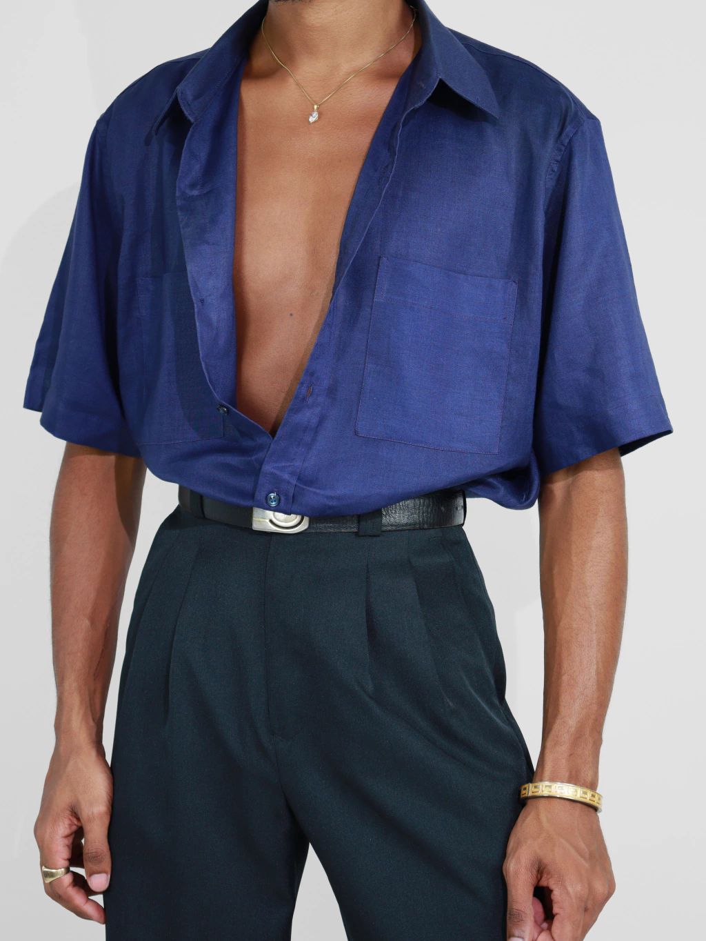 g | camisa de linho azul marinho