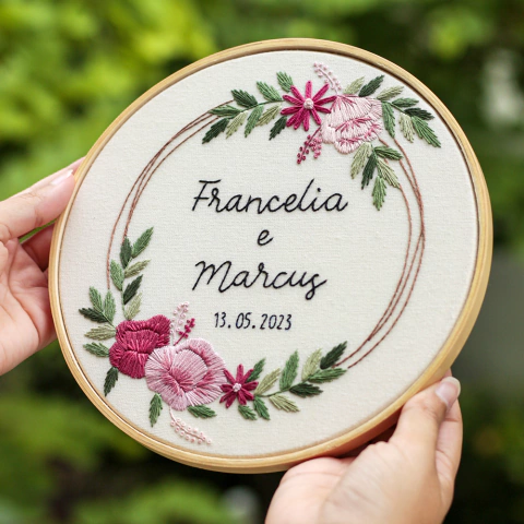 Porta Aliança Bordado a Mão Personalizado no Bastidor - Flores