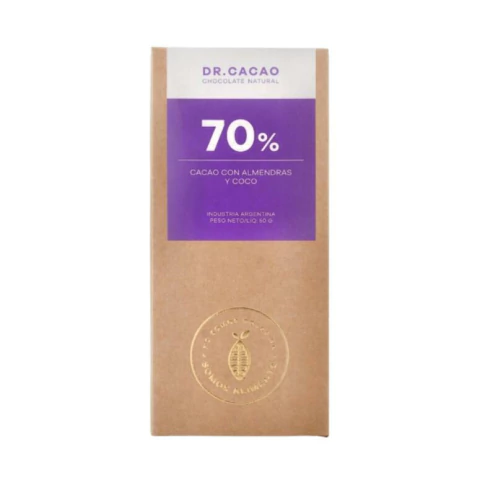 Tableta 70% Cacao con Almendras y Coco x 50g - Dr Cacao