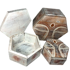 Caja Ojos Buda Hexagonal Madera 22x18x12cm