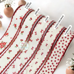 Fita de tecido creme com borda vermelha e verso em cetim 38mm - por metro - comprar online